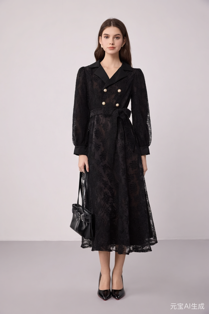 Elegant Embroidered Mesh Double Button Midi Dress