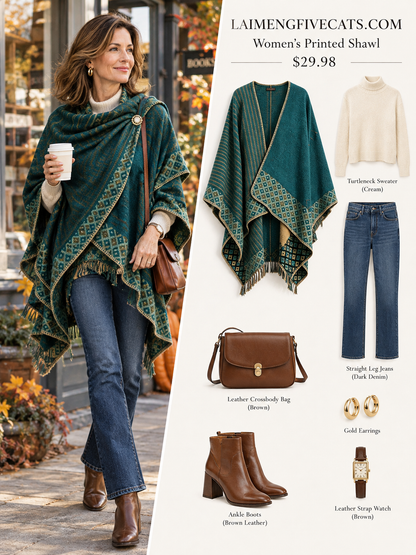 28688 Teal Printed Acrylic Travel Shawl – Oversized Wrap