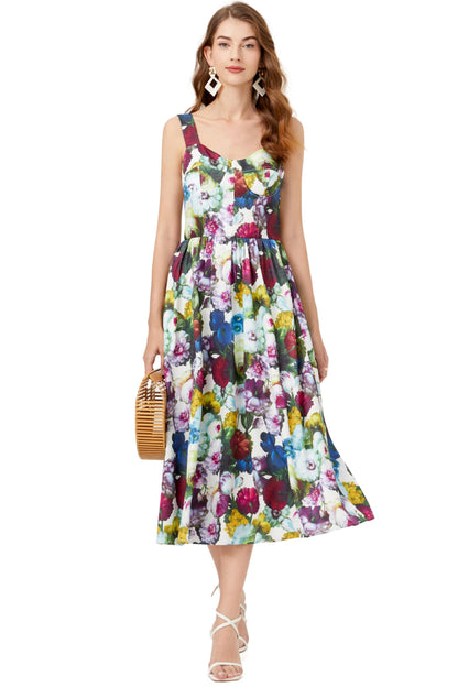 Women's Casual Sleeveless Floral Print Built-in Bra Midi Sun Dress