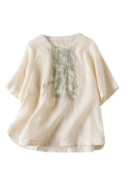 Women's Linen Tunic Shirt Embroidery Blouse Top