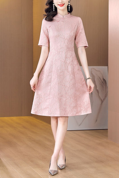 Pink Floral Cheongsam Midi Dress