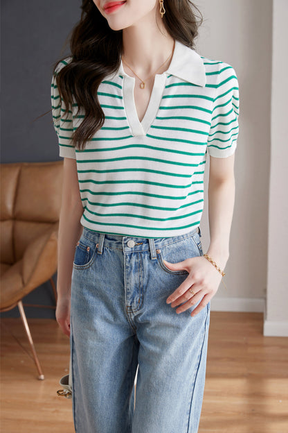 Green Striped Knit Short Sleeve Polo T-Shirts