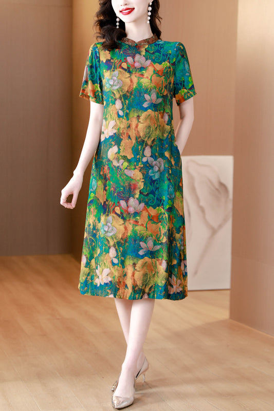 Green Vintage Floral Print Cheongsam Casual Loose Dress