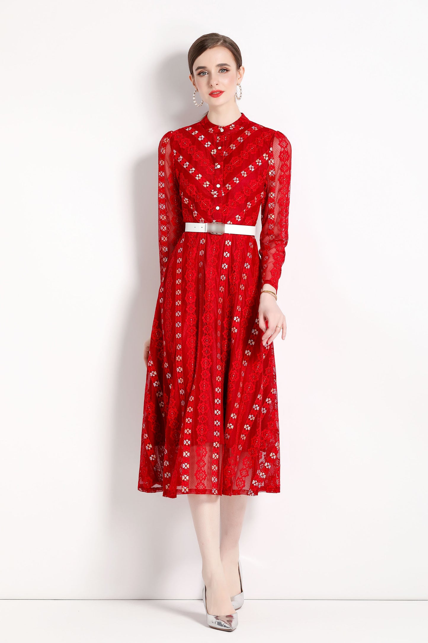 Red Vintage Lace Cocktail Midi Dress