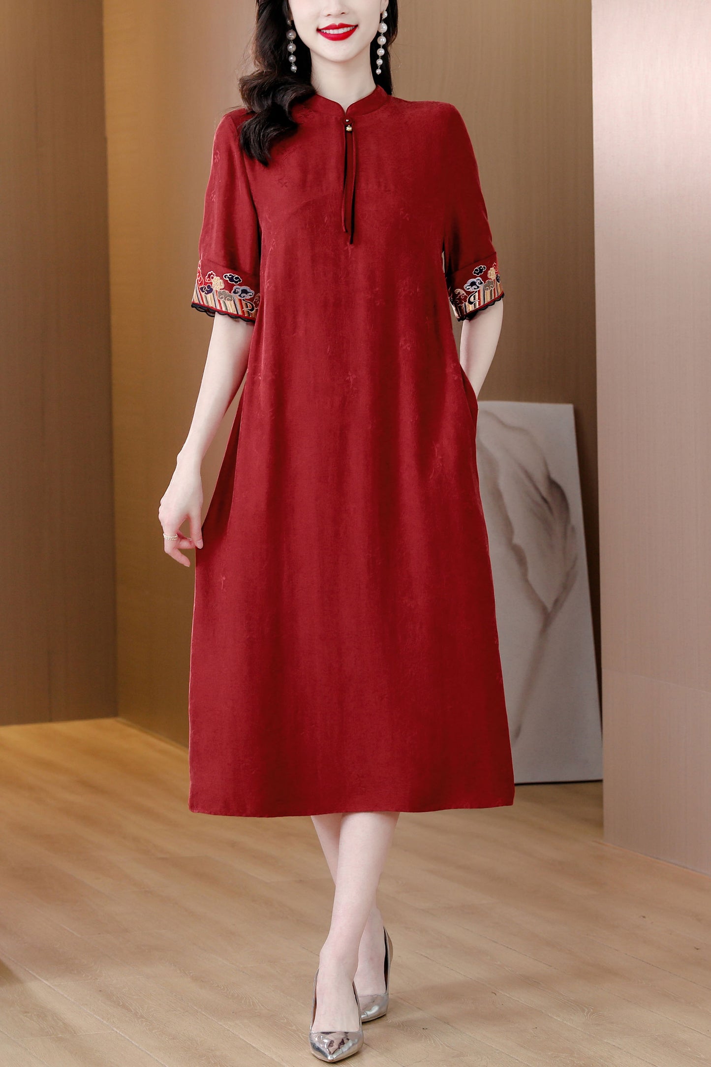 Vintage Red Cheongsam Dress with Pockets