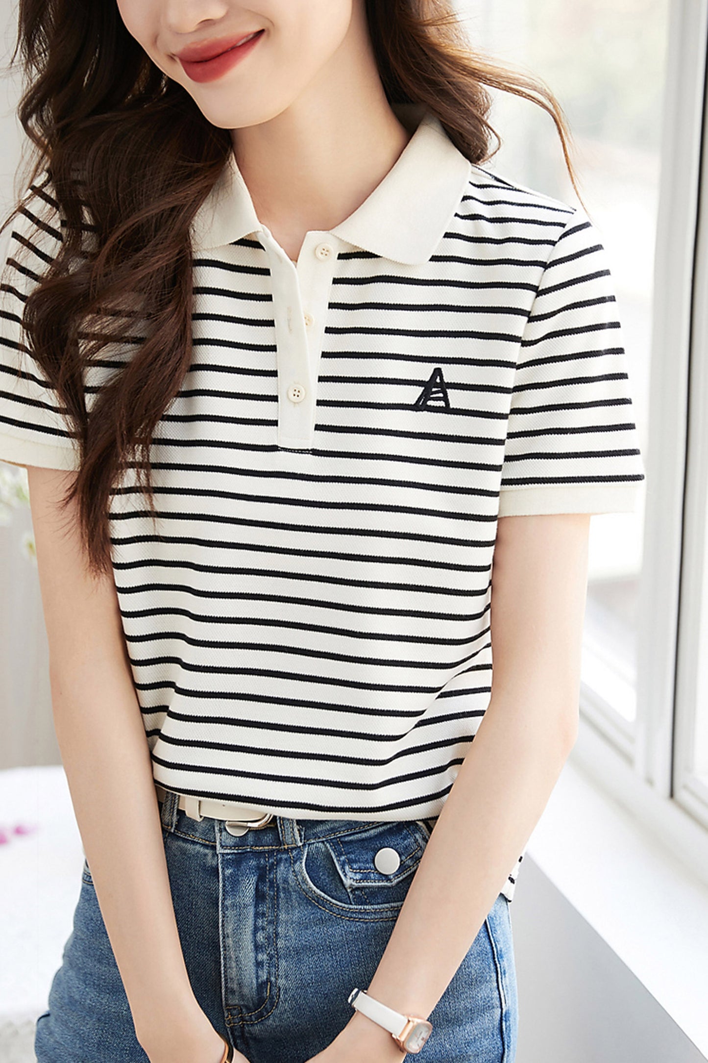 Black Striped Knit Short Sleeve Polo T-Shirts