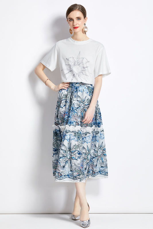 Two-Piece Elastic Short Sleeve Tops and Blue Layered Skirt