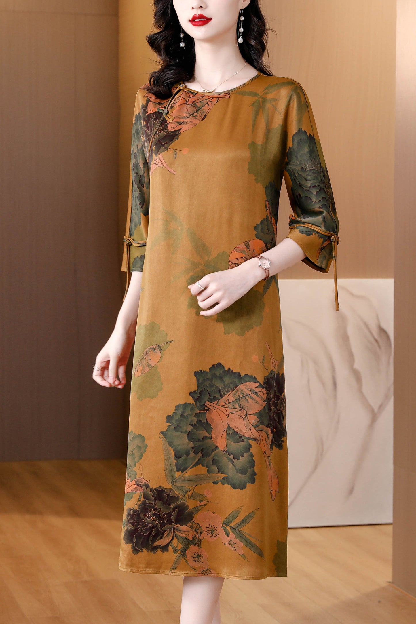 Brown Vintage Floral Print Cheongsam Casual Loose Dress