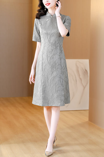 Gray Floral Cheongsam Midi Dress