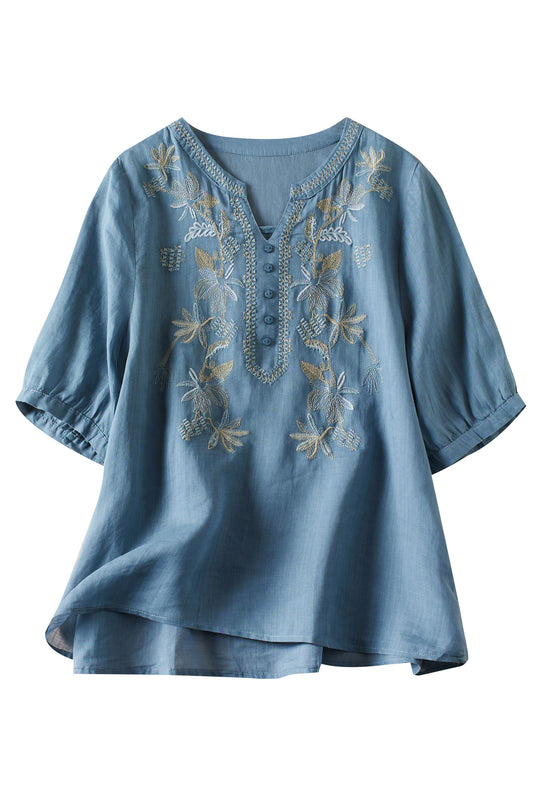 Blue Linen Tunic Shirt Embroidery Blouse Top