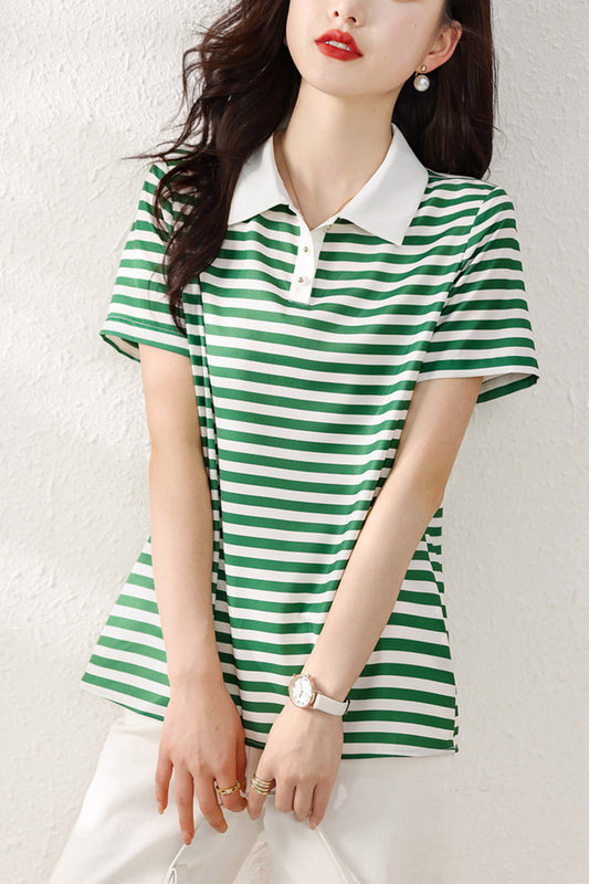 Green Striped Knit Short Sleeve Polo T-Shirts