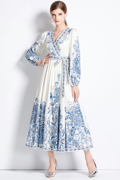 Floral Print V Neck Puff Sleeve Maxi Dress with Belt