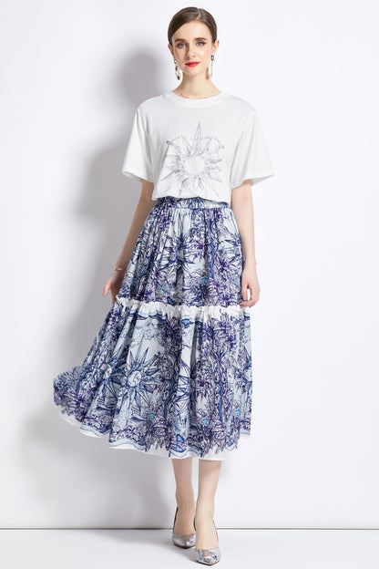 Two-Piece Elastic Short Sleeve Tops and Blue Layered Skirt