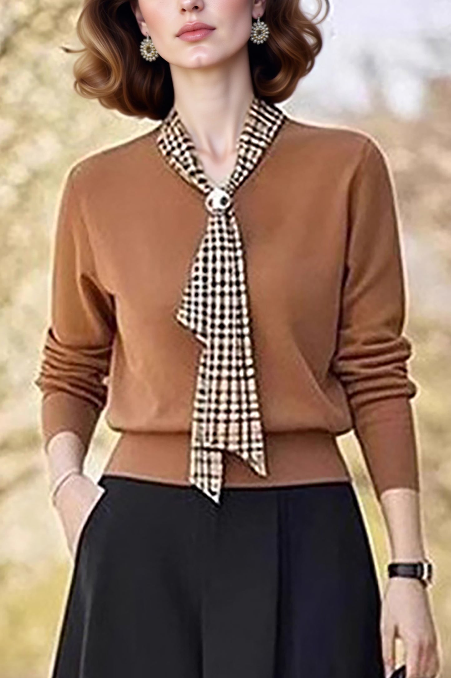 Women's Tie V-Neck Sweater Solid Color Pullover Tops