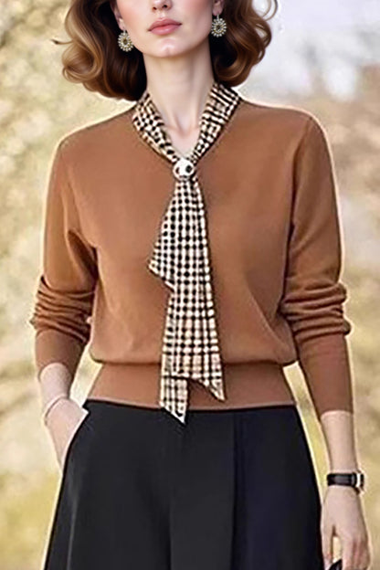 Women's Tie V-Neck Sweater Solid Color Pullover Tops