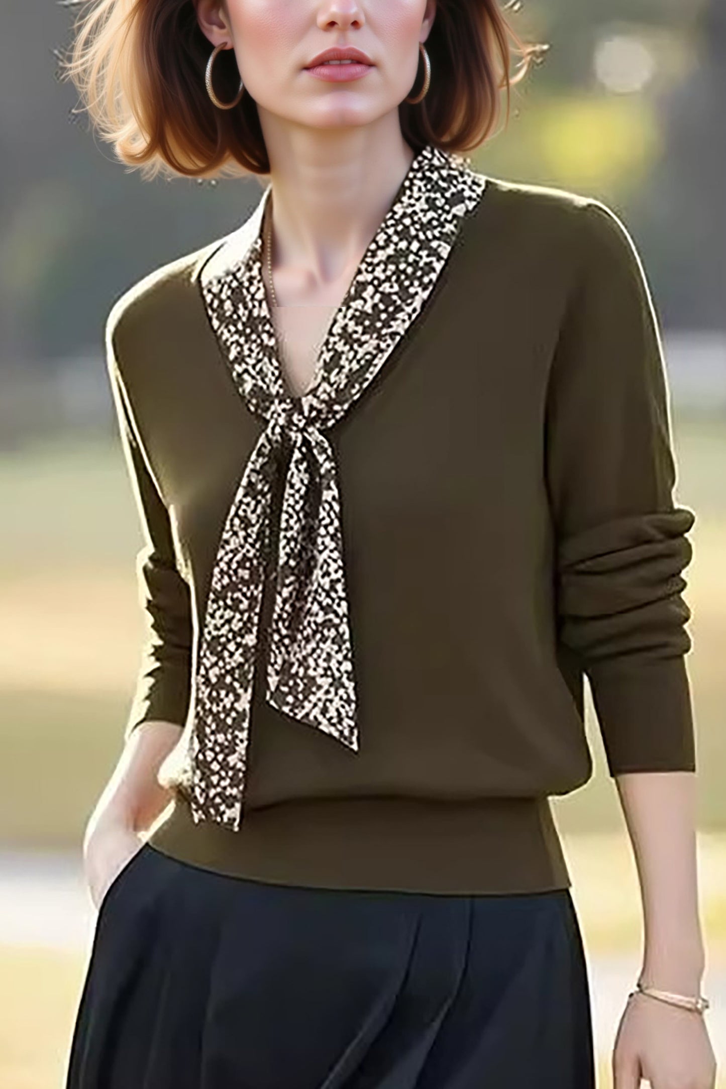 Women's Tie V-Neck Sweater Solid Color Pullover Tops