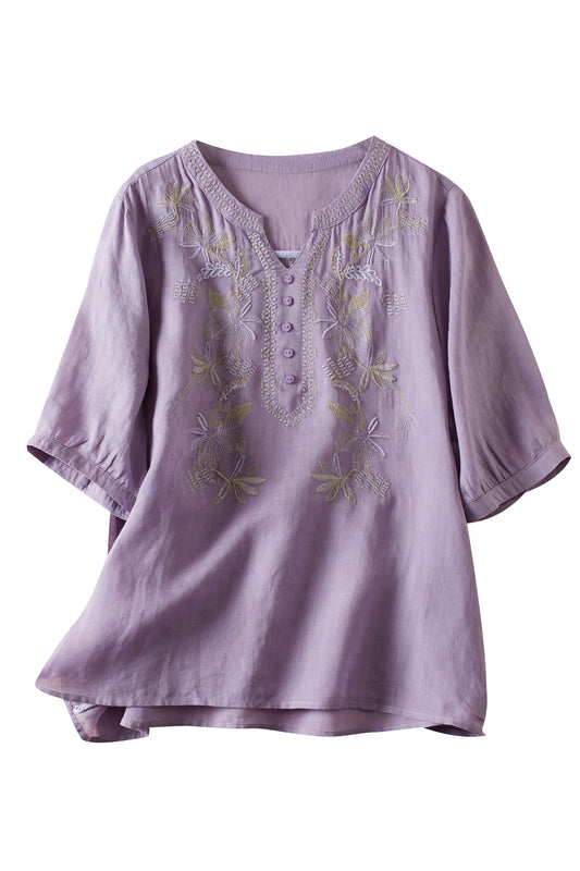 Purple Linen Tunic Shirt Embroidery Blouse Top