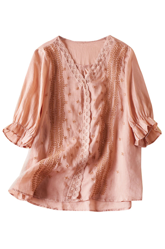 V Neck Embroidered Print Lace Trim Tunic Shirt Top