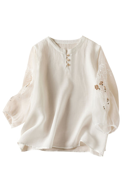 Embroidery Print 3/4 Sleeve Linen Tunic Blouse