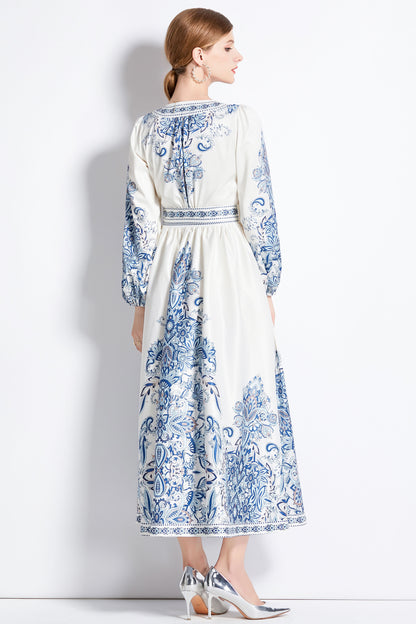 Floral Print V Neck Puff Sleeve Maxi Dress with Belt