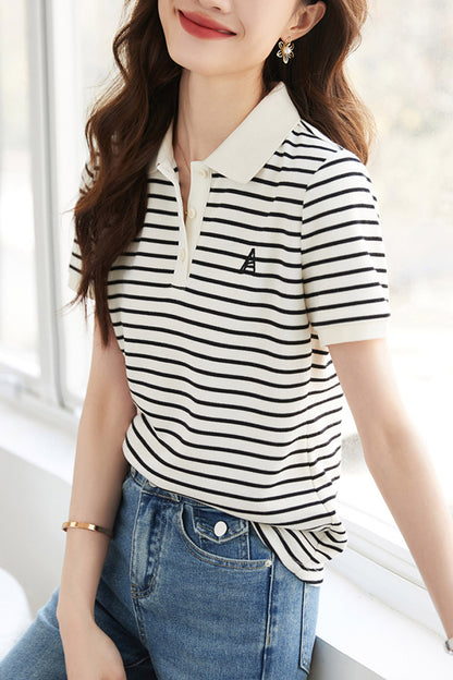 Black Striped Knit Short Sleeve Polo T-Shirts