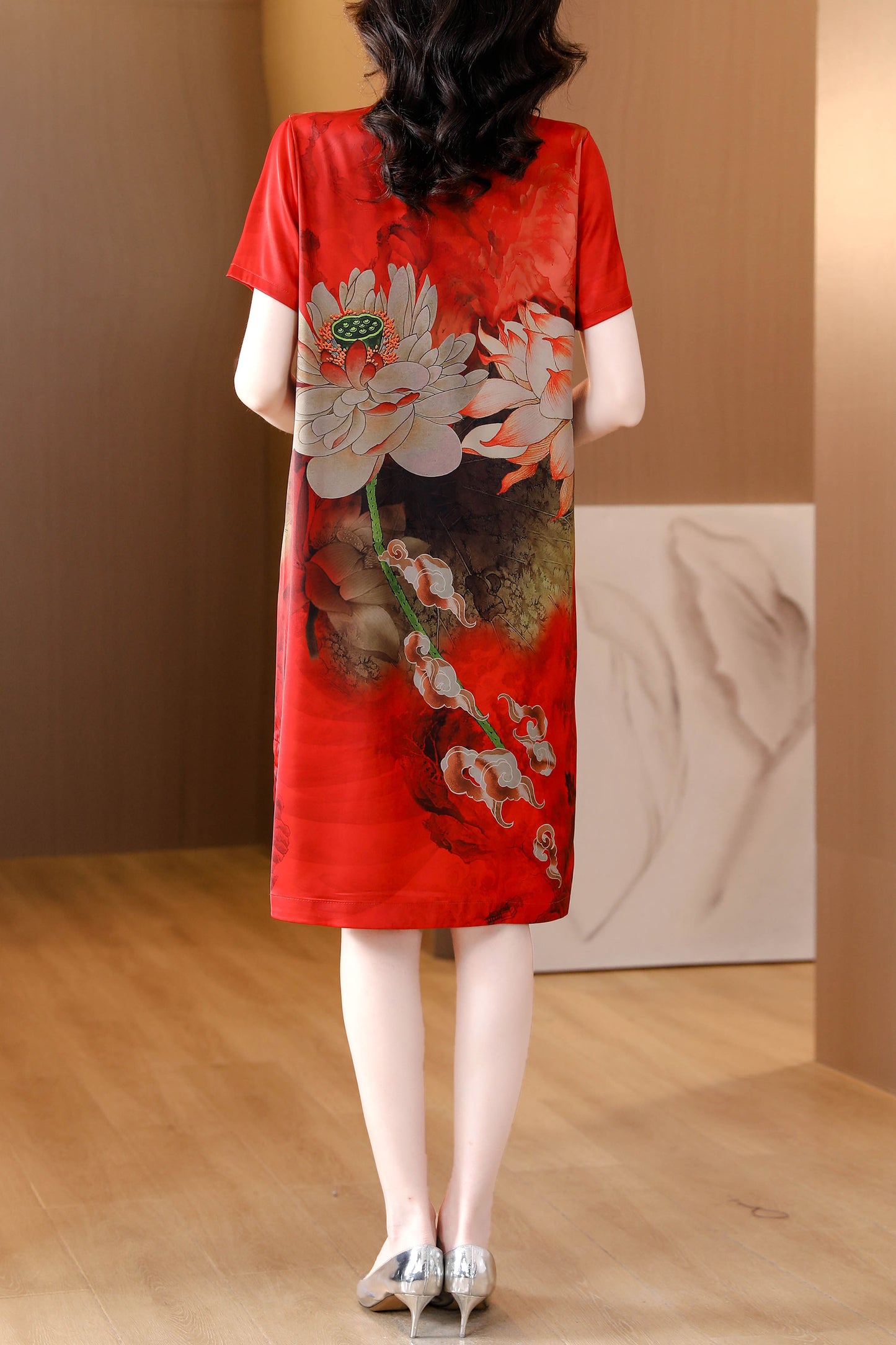 Red Vintage Floral Print Cheongsam Casual Loose Dress