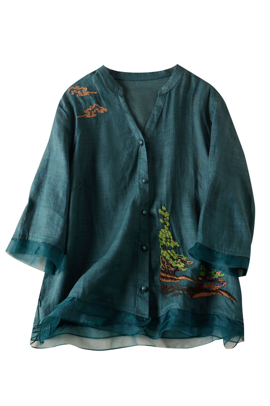 Green Linen Embroidery Print Tunic Blouse