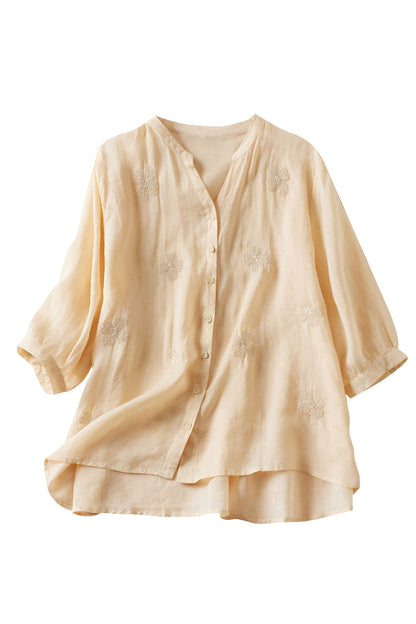 Embroidered V Neck Button-up Linen Blouse Top