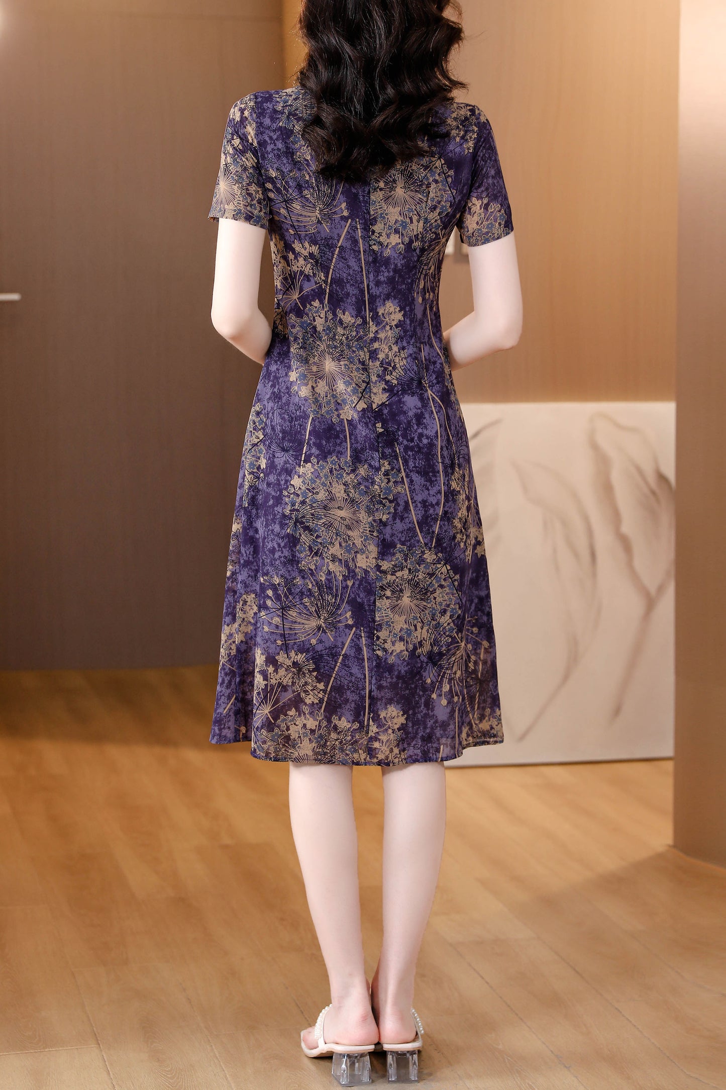 Purple Vintage Floral Cheongsam Short Sleeves Dress