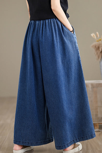 Women's Loose Elastic Waist Wide Leg Denim Pants