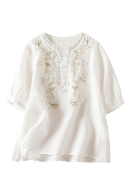White Linen Tunic Shirt Embroidery Blouse Top