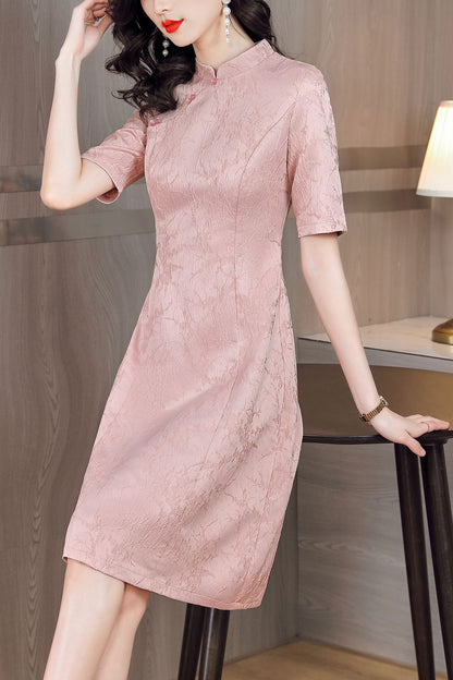Pink Floral Cheongsam Midi Dress
