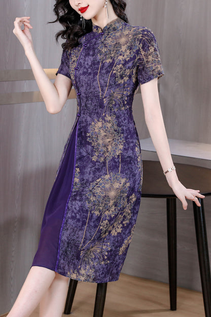 Purple Vintage Floral Cheongsam Short Sleeves Dress
