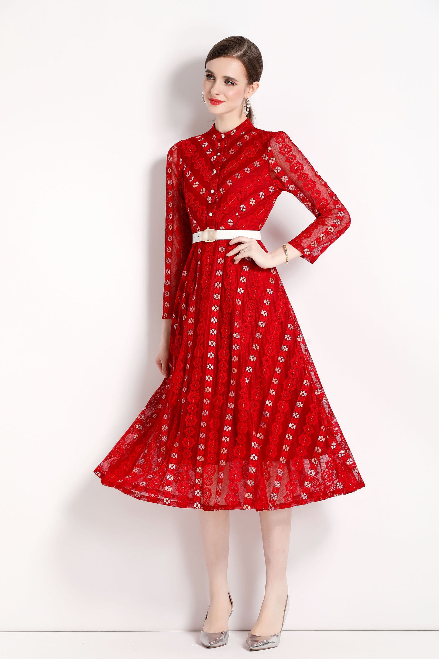 Red Vintage Lace Cocktail Midi Dress