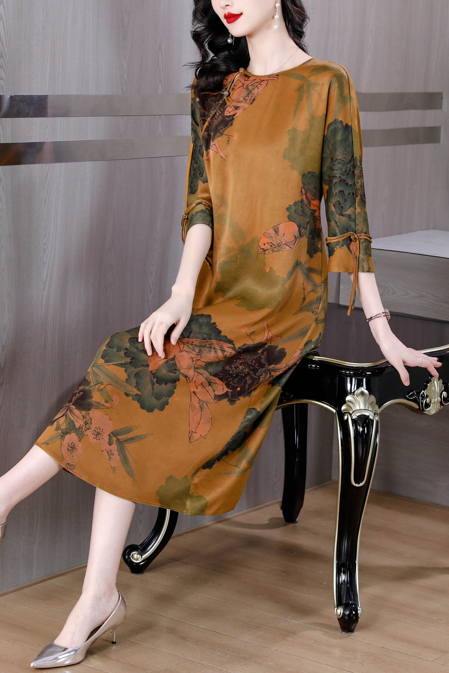 Brown Vintage Floral Print Cheongsam Casual Loose Dress