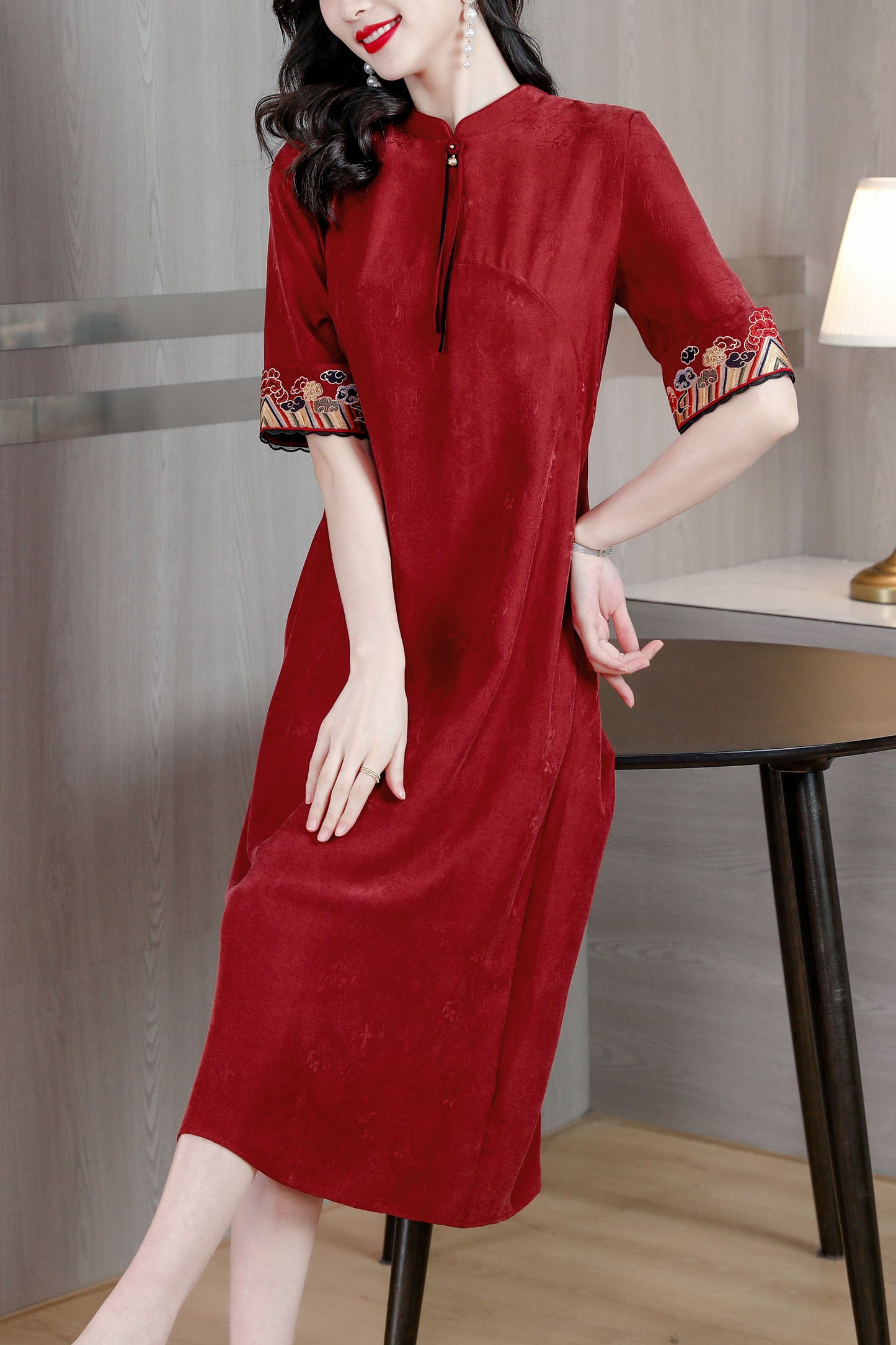 Vintage Red Cheongsam Dress with Pockets