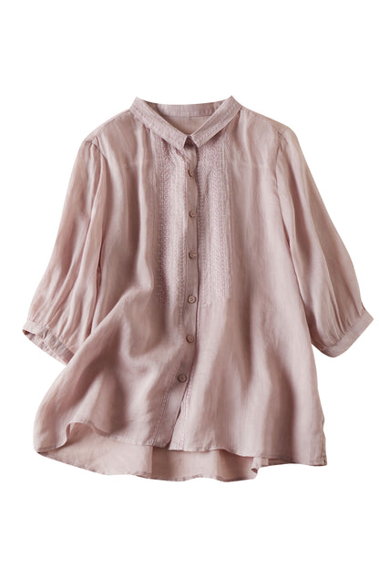 Stand Collar Embroidered Button-up Tunic Blouse