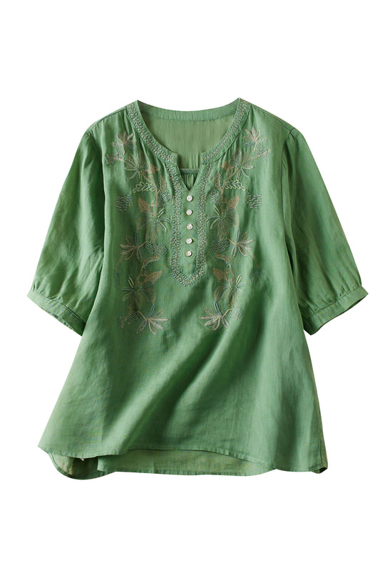 Green Linen Tunic Shirt Embroidery Blouse Top