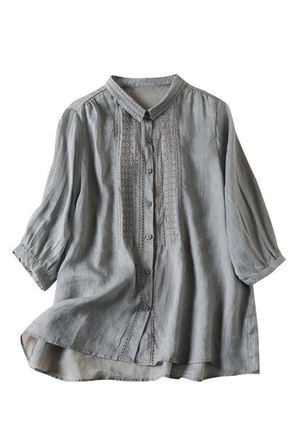 Stand Collar Embroidered Button-up Tunic Blouse