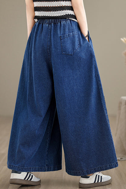 Women's Loose Elastic Waist Wide Embroidery Leg Denim Pants