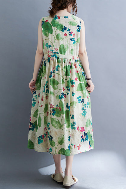 Green Floral Print Loose Strappy Dress with Pocket