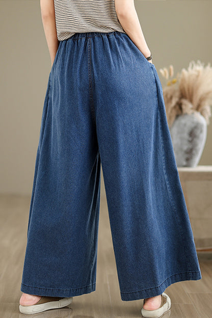 Women's Loose Elastic Waist Wide Leg Denim Pants With Double Pockets