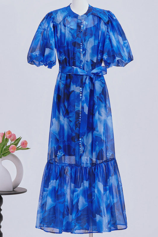 Women's Floral Print Puff Sleeve Fishtail Loose Maxi Dress