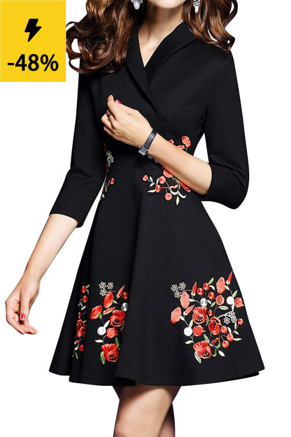 Premium Embroidered Floral 2/3 Sleeves A Line Mini Dress