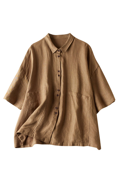 Stand Collar Button-up Tunic Blouse with Pockets