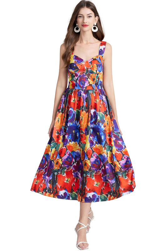 Women's Casual Sleeveless Floral Print Built-in Bra Midi Sun Dress