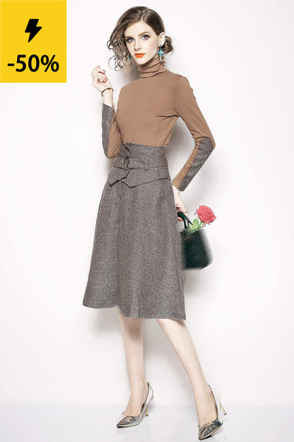 Women's Retro Two-Piece Knit top A-line Skirt Dress