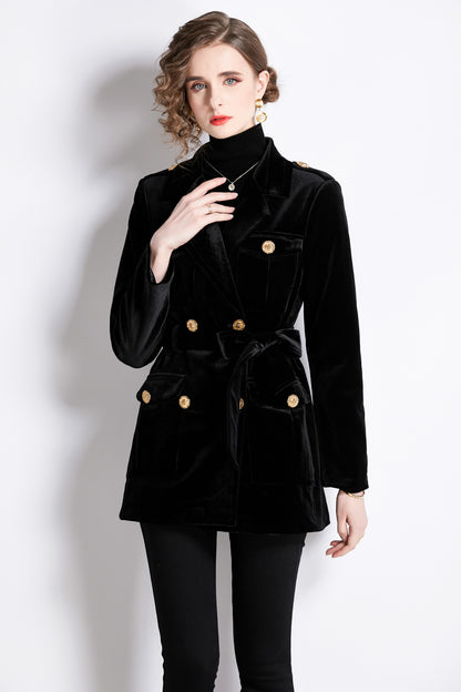 Double Breasted Lapel Neck Blazer Belted Trench Coat with Pockets