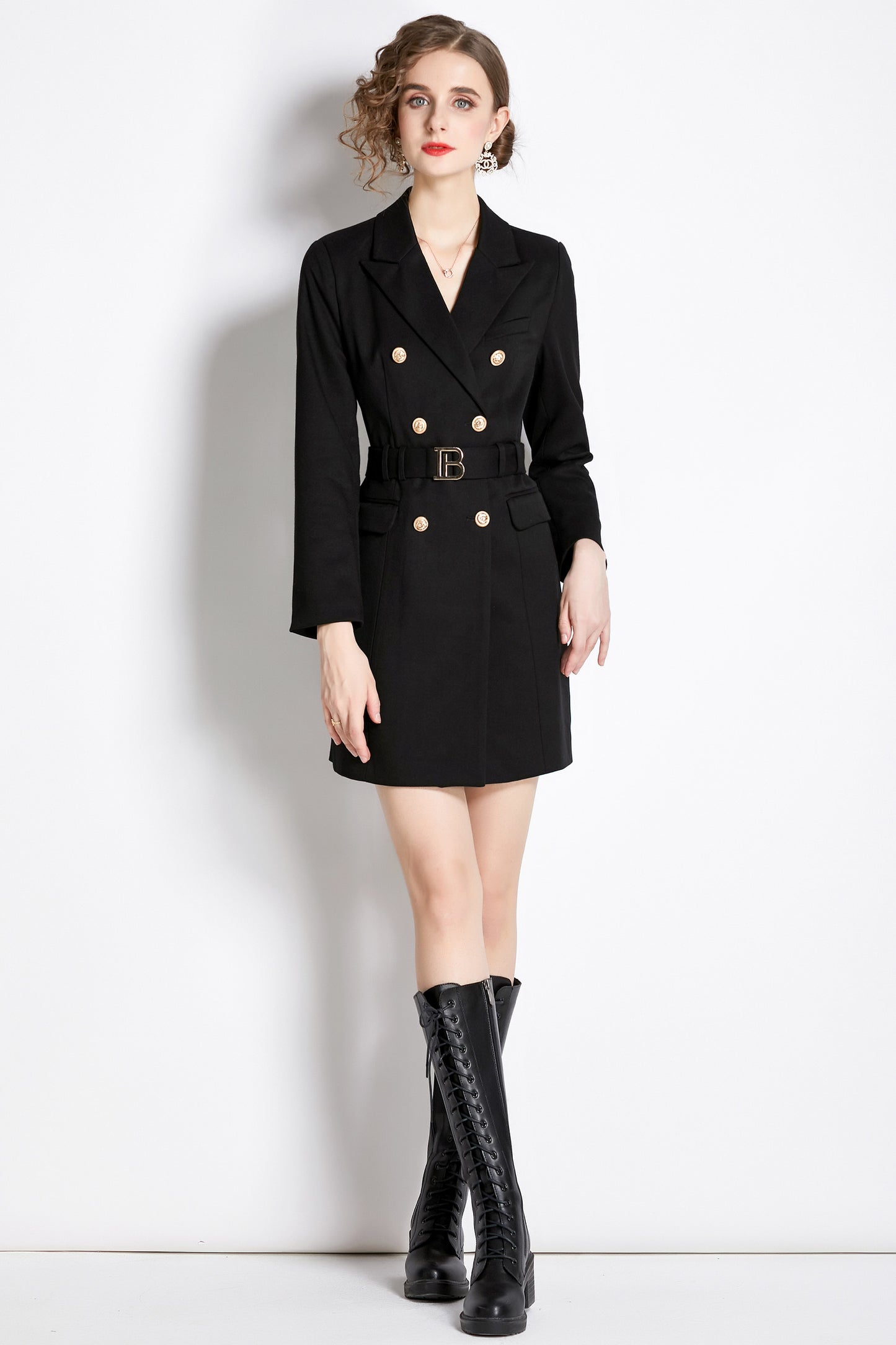 Double Breasted Lapel Neck Blazer Belted Trench Coat with Pockets