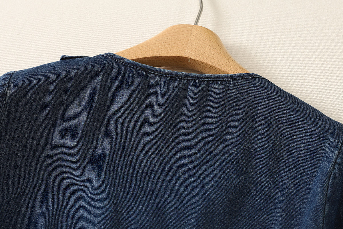 Ruffle V-Neck Denim Top | Soft Feminine Everyday Style
